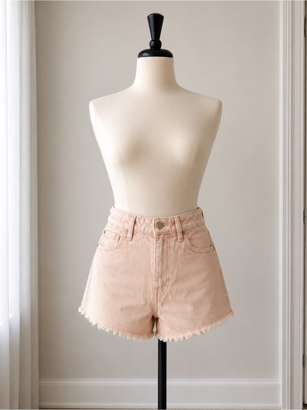 Celebrity Pink Blush High-Rise Denim Shorts with Frayed Hem